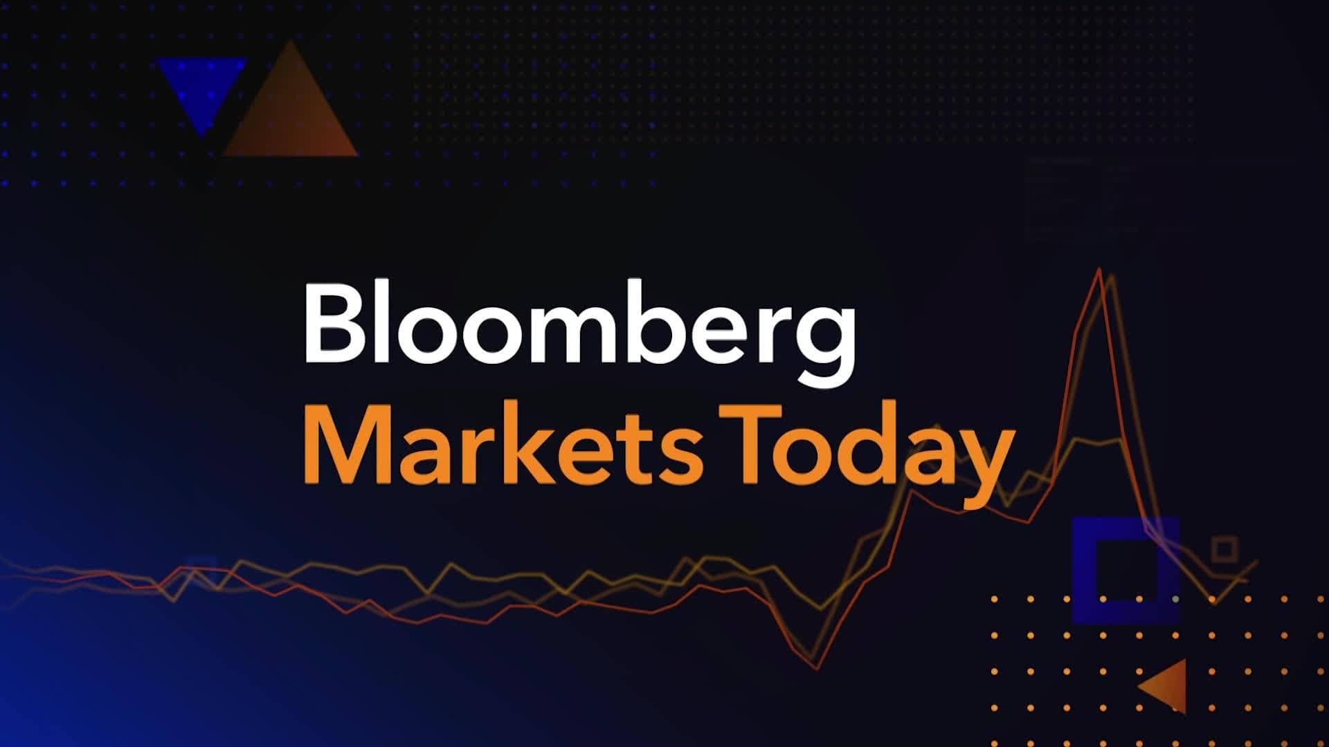 The graphic features the title "Bloomberg Markets Today" prominently displayed, accompanied by dynamic line graphs illustrating market trends against a dark, patterned background.