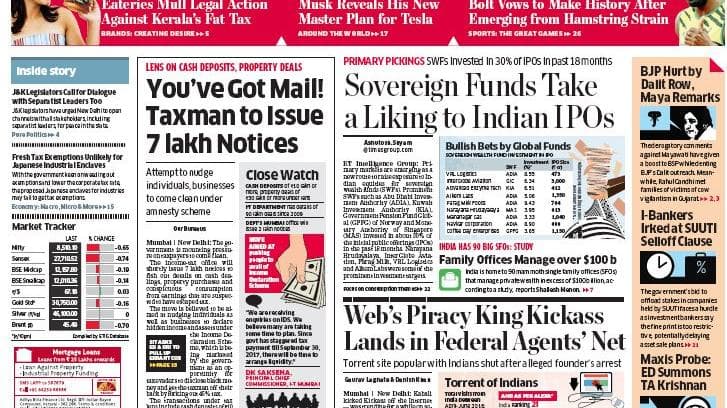 The front page of The Economic Times features headlines about the tax department issuing notices to millions, sovereign funds showing interest in Indian IPOs, and updates on various economic sectors and policies.