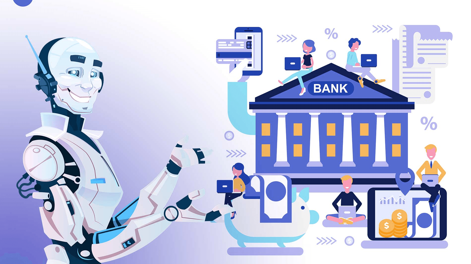 A futuristic robot engages with various digital banking elements, including a bank building, mobile devices, and individuals interacting with financial tools like a piggy bank and laptops.