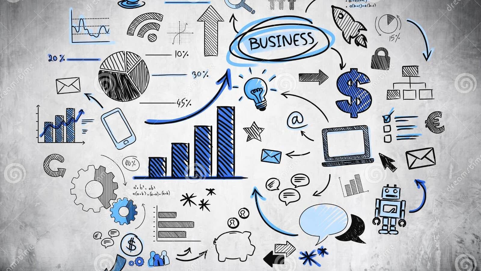 A collage of doodles and charts represents various aspects of business and economics, including graphs, currency symbols, and icons for communication and technology.