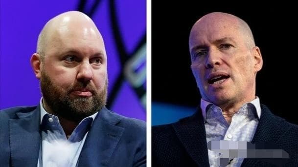 Marc Andreessen is shown with a serious expression on the left, while another individual speaks passionately on the right.