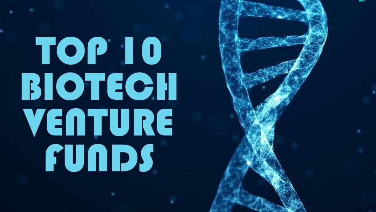 The text prominently features "Top 10 Biotech Venture Funds" alongside a visual representation of a blue DNA double helix against a dark background.