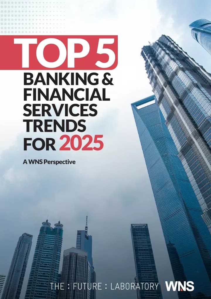 The text highlights the "Top 5 Banking & Financial Services Trends for 2025," reflecting a forward-looking perspective from WNS, accompanied by an image of modern skyscrapers.